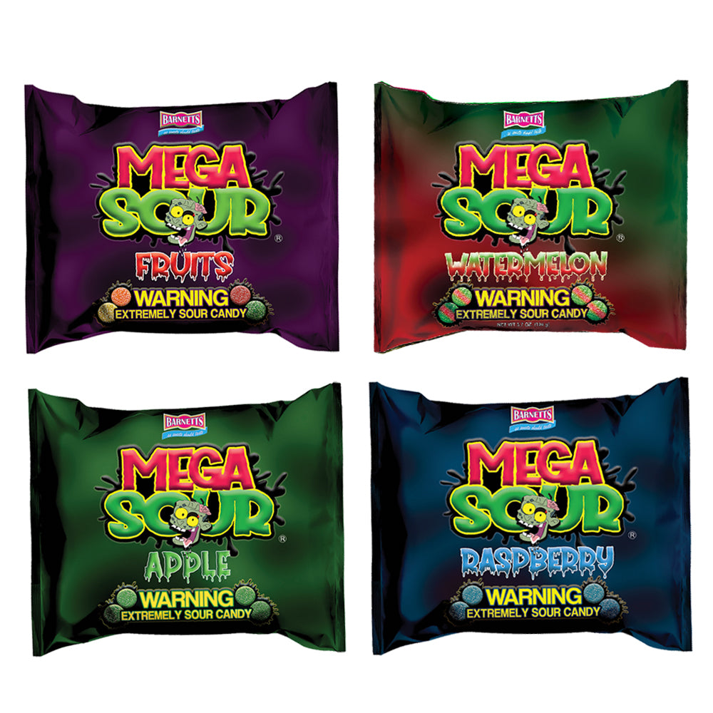 4 Pack Bundle Pack - Barnett Sweets Mega Sour Candy (Raspberry | Apple | Fruits | Watermelon)