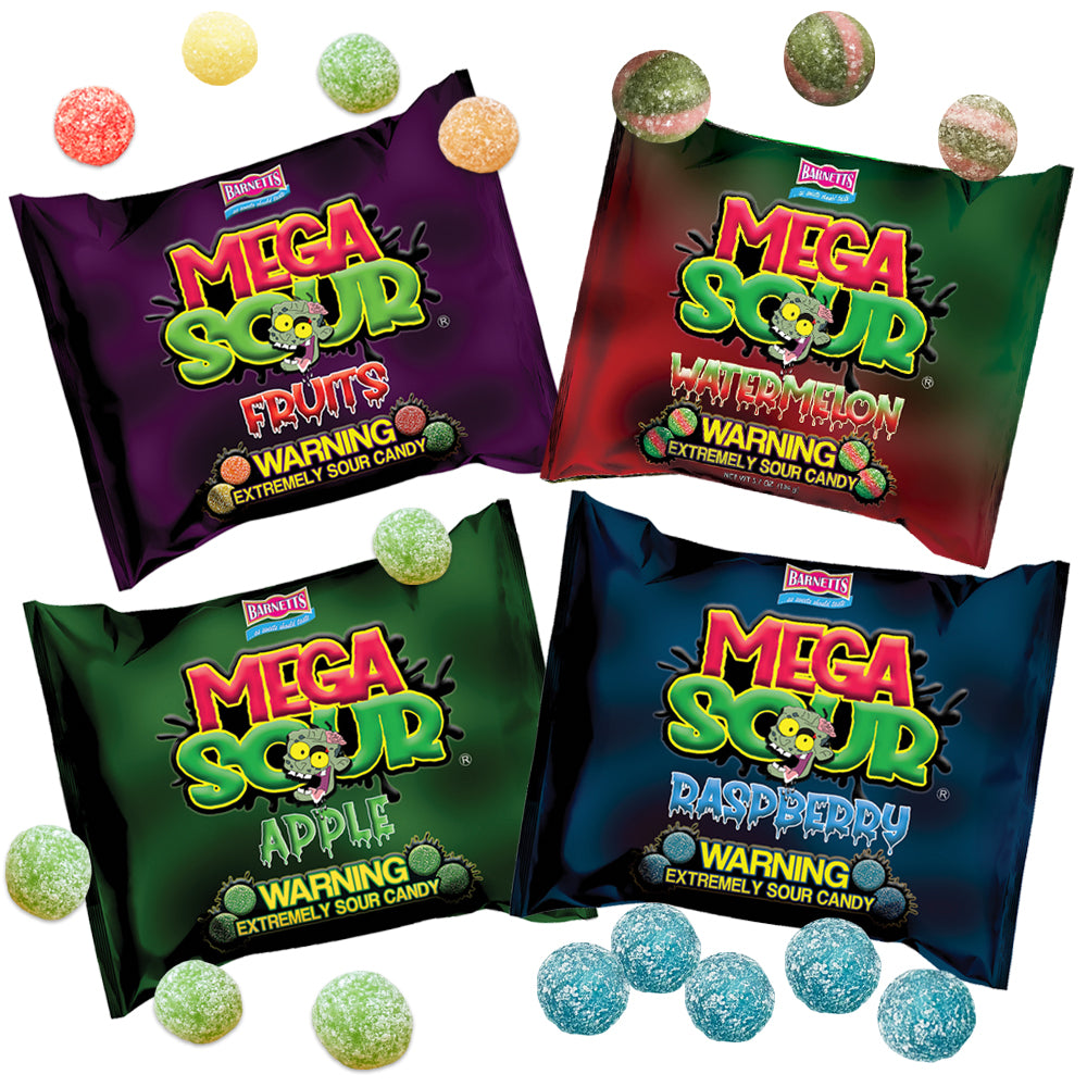 4 Pack Bundle Pack - Barnett Sweets Mega Sour Candy (Raspberry | Apple | Fruits | Watermelon)