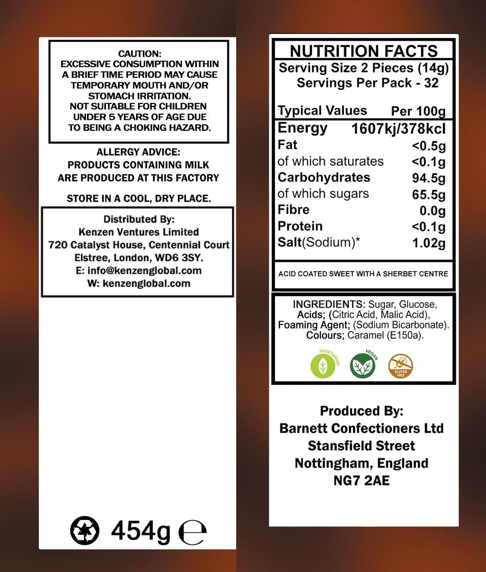 Barnetts Mega Sour Cola sour candy, back of pack showing ingredients and nutrition information, 454g (1lb)