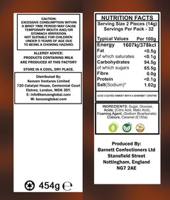 Barnetts Mega Sour Cola sour candy, back of pack showing ingredients and nutrition information, 454g (1lb)